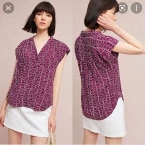 Anthropologie Maeve Button Front Cap‎ Sleeve Raffine Rayon Blouse Plum Small
